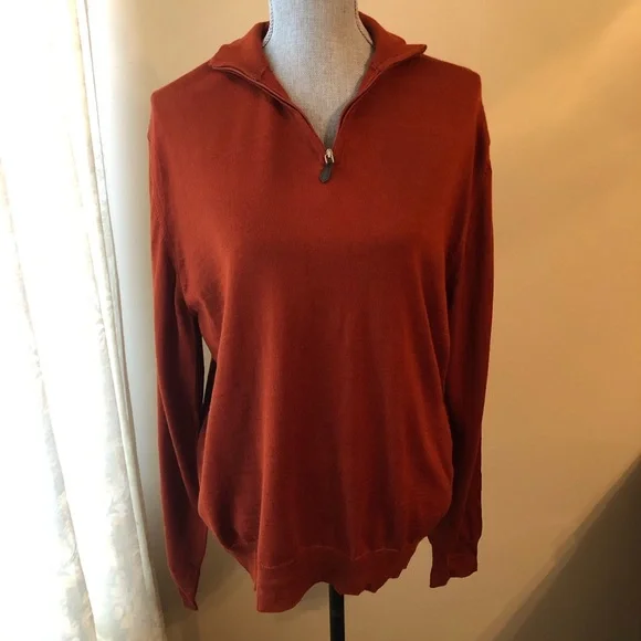 Neiman Marcus Orange Quarter-Zip Men's Sweater - Picture 1 of 7